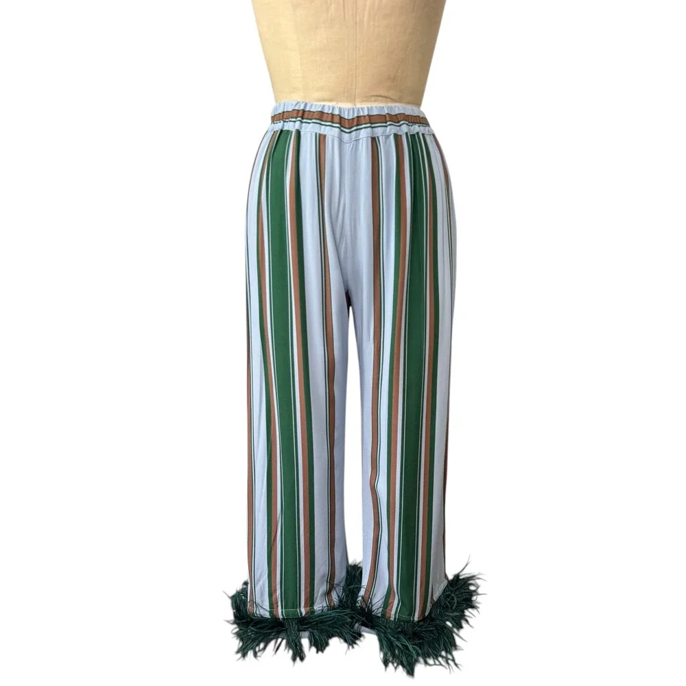 Sleeper Pajama Set Women Small Blue Green Striped Ostrich Feather Trim 2 Piece